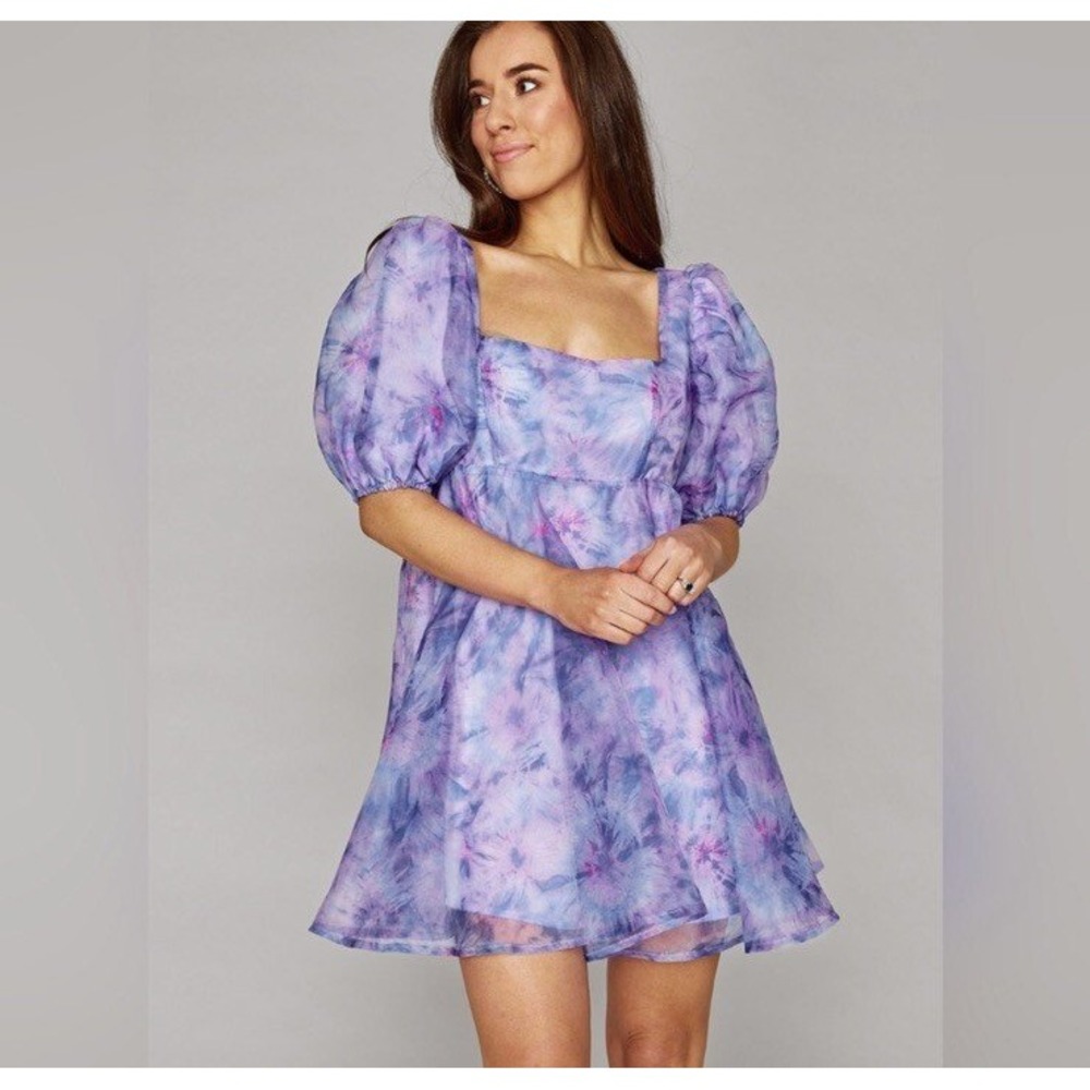 BuddyLove Lyla Tie Dye Puff Sleeve Mini Dress Purple Blue Size Small Coquette